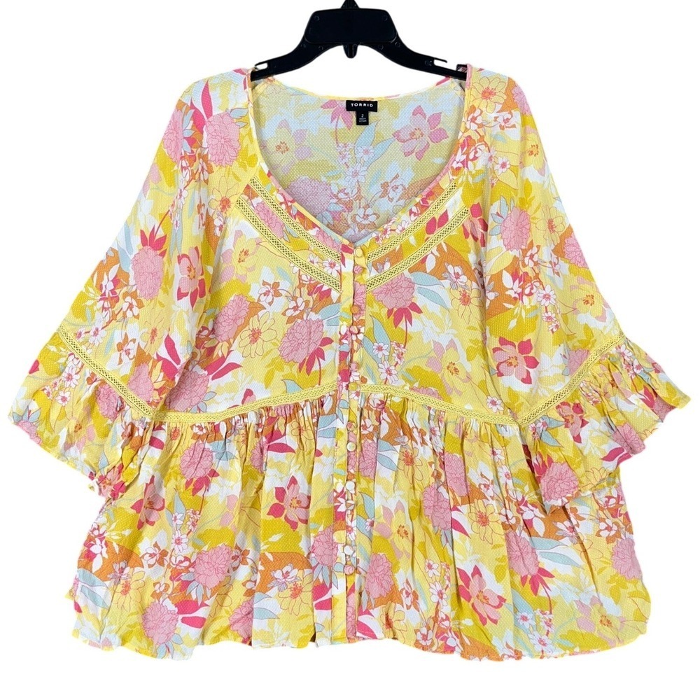 Torrid Floral Chiffon Babydoll Button Front Blouse Bell Sleeve Yellow 2X‎ Womens